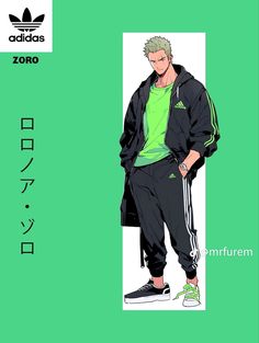 an anime character in green and black with adidas on the side, standing against a green background