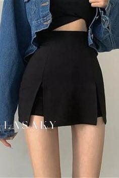 Lasaky - Classic Black High-Waisted Skirt with Irregular Hem and Open-Front Design Open Front Skirt, High Waisted Black Skirt, Black Culottes, Women's Office, Short Pollera, Ladies Suit, Womens Office, Shorts Skirt, Skirt Summer