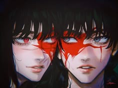 two people with red eyes and black hair are staring at the same person's face