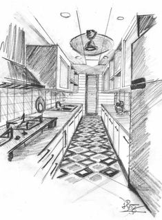 a drawing of a kitchen with lots of counter space and cupboards in the center