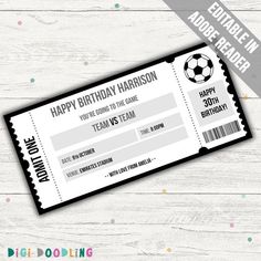 a soccer ticket with the words happy birthday harrison on it and a ball in the background