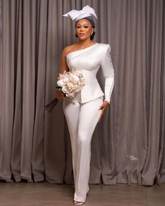 Suit With Pearls, Wedding Pant Suit, Civil Wedding Dresses Courts, Jumpsuit Wedding Dress, Civil Dress, African Bridal Dress, Wedding Pants, Evening Dress Long, Reception Gown