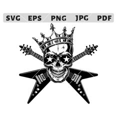 a skull wearing a crown with two guitars on it's head and the words svg eps png jpc