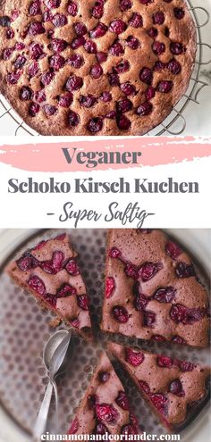 a close up of a cake on a plate with the words veganer seho kirsch kuchen super safty