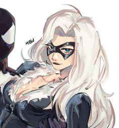 a drawing of a woman with white hair and black cats on her face, next to a spider man