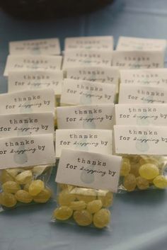 there are many small bags with candy in them that say thank you for being by