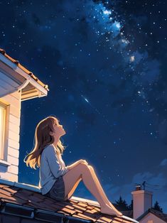 a woman sitting on top of a roof looking up at the stars in the sky