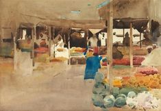 watercolor painting of people shopping in an outdoor market area with fruit and vegetables for sale