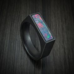 Black Zirconium Signet Ring with Opal Inlay Mens Opal Rings, Black Opal Ring For Men, Opal Inlay Ring Gift, Gift Opal Inlay Ring, Black Rings With Inlay, Unique Sterling Silver Opal Inlay Ring, Mens Wedding Rings Black, Matching Wedding Ring Sets, Zirconium Ring