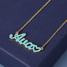 Custom Colored Enamel Name Necklace With Heart Accent Nameplate Necklace Gold, Delicate Silver Necklace, Necklace With Heart, Name Necklaces, Name Earrings, 18k Gold Earrings, Beautiful Eye, Nameplate Necklace, Enamel Necklaces