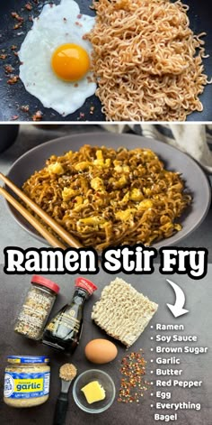 the ingredients for ramen stir fry are shown in three different pictures, including an egg and