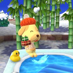 a cartoon dog standing in front of a pool with a rubber ducky next to it