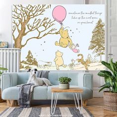 winnie the pooh wall mural in a living room with a dog sitting on a couch