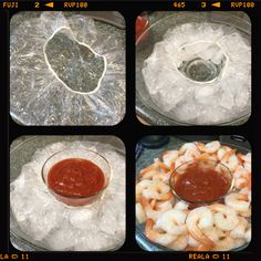 four pictures show different stages of making shrimp and dipping sauces on top of ice