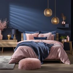 a bedroom with blue walls, pink bedding and fur rugs on the floor