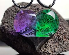 Wood Resin Paired Heart Pendants Mountains. Secret Magical - Etsy Magical Black Jewelry For Gifts, Magical Black Necklace For Gift, Black Necklaces For Gifts, Epoxy Jewelry, Heart Pendants, Magical World, Wood Resin, Resin Necklace, Easy Gifts