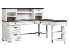 a white desk with black top and drawers