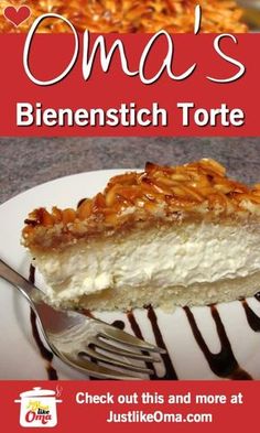 a piece of cheesecake on a plate with a fork and the title oma's biennstich torte