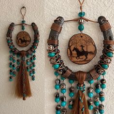 two pieces of jewelry hanging on a wall next to each other with beads and tassels