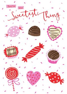 a card with different types of candies and chocolates on it, including the words sweet thing