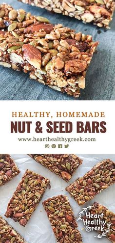 healthy homemade nut and seed bars on a table with text overlay that reads healthy homemade nut and seed bars