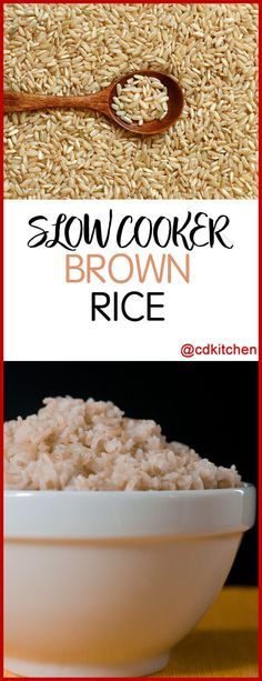 brown rice in a white bowl with a spoon on top and the words slow cooker brown rice