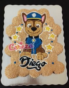 a cake that is shaped like a dog with the word diego on it's side