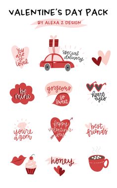 valentine's day stickers with hearts, cupcakes and other things on them