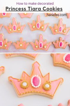 princess tiar cookies are decorated with pink and gold icing for a royal party