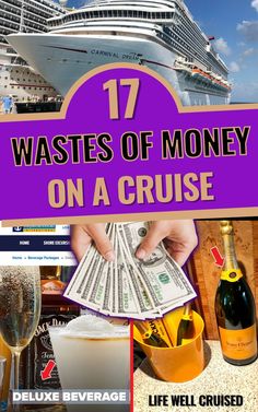 the words 17 wastes of money on a cruise are overlaid with images of ships and drinks