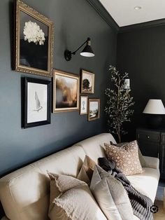 a living room filled with furniture and framed pictures on the wall above it's couch