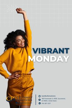 a woman in yellow is posing with her arms up and the words vibrant monday above her