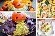 halloween food and decorations are featured in this collage with pumpkins, tortillas, guacamole