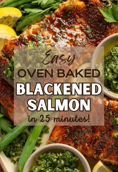 baked blackened salmon with broccoli and lemons on the side, surrounded by other foods