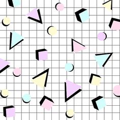 an abstract geometric pattern with black, pink, and blue shapes on a white background