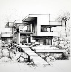 a drawing of a house with stairs leading up to it