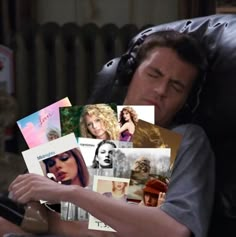 a man sitting in a chair with many pictures on his chest and head resting on a pillow