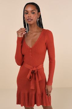 Cozy Poise Rust Orange Henley Long Sleeve Mini Sweater Dress Longhorn Football, Knot Tie Dress, Short Orange Dress, Henley Long Sleeve, Mini Sweater, Ribbed Sweater Dress, Mini Sweater Dress, Rust Orange, Football Game