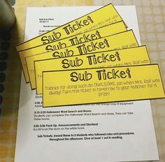 three yellow tickets sitting on top of a table