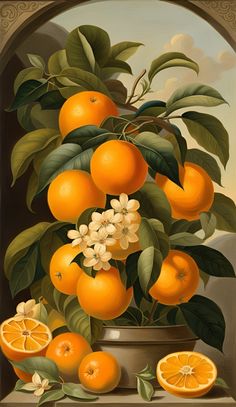 an oil painting of oranges and flowers in a vase