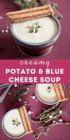 creamy potato and blue cheese soup in bowls with crackers on the rims