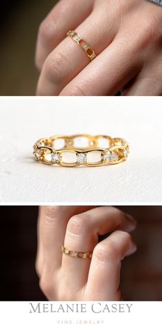 The Linked Eternity Band has a 14k gold motif that continues all the way around the band, with diamond accents enhancing each connection. Find this unique diamond ring at melaniecasey.com! Modern Gold Rings For Women, Elegant Gold Oval Eternity Band, Elegant Oval Gold Eternity Band, Gold Moissanite Eternity Band For Promise, Promise Eternity Band In Yellow Gold With Cubic Zirconia, Gold Infinity Eternity Band For Promise, Timeless Gold Promise Eternity Band, Gold Eternity Band With Diamond Accents In Moissanite, Elegant Yellow Gold Infinity Eternity Band