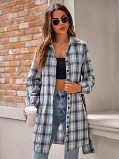 Women's Casual Shirt Lapel Single-Breasted Plaid Long Shirt Casual Single-breasted Shirt For Fall, Casual Single-breasted Shirt For Spring, Relaxed Fit Collared Flannel Shirt For Spring, Fall Day Out Shirt With Spread Collar, Trendy Collared Flannel Shirt For Spring, Casual Shirt For Fall Day Out, Casual Collared Flannel Shirt For Work, Casual Fall Shirt For Day Out, Fall Casual Tops With Spread Collar