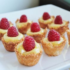 small desserts with raspberries are on a white plate