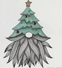 a drawing of a christmas tree with ornaments on it's head and an ornament in the shape of a star