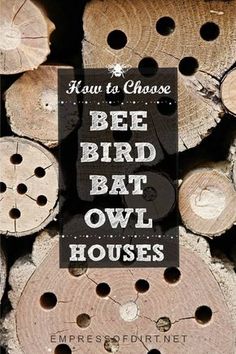 the words bee bird bat owl houses are in front of stacked wood logs with holes