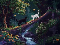 two cats walking across a bridge over a stream in the forest with butterflies flying above