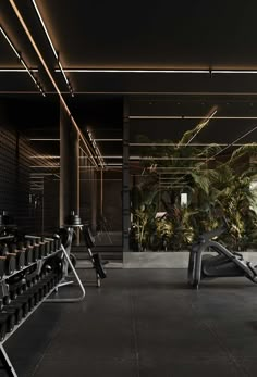 an empty gym with rows of treadmills and exercise equipment in the foreground