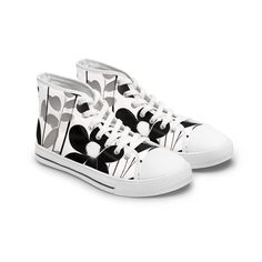 Have some fun with your shoes. Unique black and white floral pattern that's sure to coordinate with many styles.  Made with breathable polyester canvas and featuring hi-poly deodorant memory foam insoles, these women's high top sneakers bear all the marks of an awesome shoe. Choose between black or white sole and laces, and enjoy the silver metal eyelets along with the lace-up closure. Add your designs and bring a bespoke staple to life.  .: Breathable polyester canvas with PU leather decoration .: EVA deodorant memory foam insoles .: Full wraparound print (left side, right side, tongue) .: Durable rubber outsole .: Black or white decoration Trendy White Sneakers With Floral Print, Trendy White Floral Print Sneakers, White High-top Sneakers With Floral Print, Sporty White Sneakers With Floral Print, Black Floral Print Sneakers For Spring, Black And White Floral Pattern, Leather Decoration, White Decoration, Shoes Unique