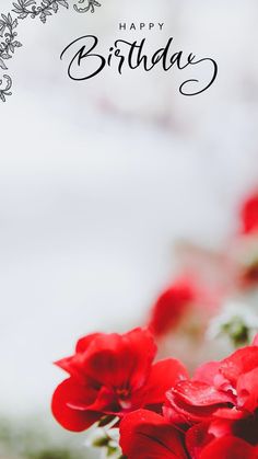 red flowers with the words happy birthday written on it in black and white lettering over them